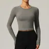 Camiseta Deportiva de Manga Larga para Mujer con Nudo Trasero Hueco, como una Nube, con Almohadillas en el Pecho, Ropa de Fitness para Yoga, Secado Rápido, Adelgazante