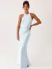2026 Transfronterizo Europeo y Americano Azul Claro Muse Elegante Material de Satén Espalda Descubierta Sexy Cuello Halter Delgado Vestido Largo