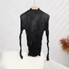 Camiseta de Top Plisado de Mimbre Línea Principal Miyake para Mujer Elegante Cuello Semi Alto Diseño Ajustado Moda Versátil Camisa Básica