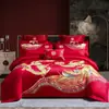 Juego de ropa de cama de boda de alta gama con dragón y fénix en color rojo brillante, juego de cuatro piezas, ropa de cama de boda para el novio, colcha de novia para la novia