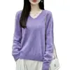 Básico de corte ajustado, favorecedor escote en V, forro polar, cálido, cuello suave, top capa base, suéter tejido para mujer, amarillo pluma