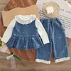 Outono 2025 Novas Roupas de Outono Conjunto de Colete Jeans com Bolinhas para Meninas Tendência Colete de Bebê Conjunto de Três Peças para Meninas Primavera e Outono