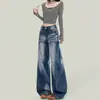 Jeans Anchos de Pierna de Diseño Azul Profundo con Forma de Pera para Mujer, Tendencia de Otoño Nuevo Estilo, Pantalones Rectos Americanos de Cintura Alta que Favorecen y Tienen Caída