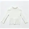 Camiseta de malha com gola alta franzida para meninas, top interno canelado para crianças primavera e outono, camisa slim de manga longa para bebê