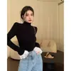 1*1 Hilo Felpa Color Contrastante Ajustado Cuello Redondo Manga Acampanada Camiseta Mujer Otoño Manga Larga Ajustado Muestra Delgado Capa Interior Superior