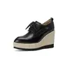 Sapatos Plataforma com Salto Anabela de 10cm para Mulheres, Couro Genuíno, Novo Modelo 2026, Bico Fino, Cadarço, Sapatos de Couro com Salto Super Alto para Mulheres Baixas