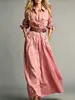 2026 Amazon Comercio electrónico transfronterizo europeo y americano Ropa de mujer color liso elegante vestido camisero largo con botones y mangas largas