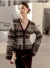 Cárdigan de Punto de Lana Retro Fair Isle con Cuello en V para Mujer, Suéter de Invierno con Bloques de Color que Ceñe la Cintura y Adelgaza