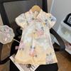 Vestido de Verano Cheongsam Estilo Chino para Niña 2025 Nuevo Estilo Vestido de Verano con Temperamento de Manga Abullonada para Niños