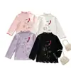 Camiseta básica de manga larga con cuello semi-alto y volantes para niños, estampado de dibujos animados lindo, elástica para niñas, colección de otoño para niños pequeños y niños pequeños