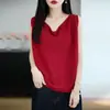 Nuevo Chal de Punto de Lino Irregular con Cuello en V y Perlas Estilo Coreano Color Sólido Simple Versátil Sin Mangas Top para Mujer