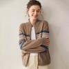 Suéter de Cashmere Feminino 2025 Outono e Inverno Tricô Cardigan com Zíper Suéter com Padrão Fair Isle Jacquard Gola Alta Estilo Preguiçoso