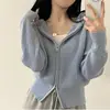Cardigan de Tricô Grosso com Capuz Estilo Preguiçoso Outono Inverno Estilo Coreano Ins Design com Zíper Gola Alta Suéter Feminino