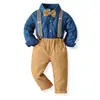 Camisa Azul de Manga Larga para Hombre Otoño e Invierno Transfronteriza 2024 Pantalones Caqui Conjunto de Cuatro Piezas para Caballero Vestido Infantil