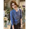 Cárdigan de Punto Elegante Estilo Coreano Azul con Cuello Polo de Botones Sencillos y Mangas Largas para Mujer Atuendo de Otoño Top Corto Muy Atractivo
