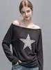 Tejido Vintage Desgastado Hombro Asimétrico Casual Estilo Estrellado Nuevo Simple Estilo Remache Top de Otoño 2673