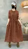 Nuevo Vestido Vintage de Algodón y Lino con Estampado Floral para Mujer, Temporada Primavera y Otoño, Corte Holgado con Cuello Alto de Encaje y Cintura con Cordón
