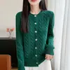 Cárdigan de punto trenzado de lana pura estilo vintage para mujer, holgado y casual, engrosado y cálido, con cuello redondo y cierre de botones