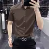 Camisa casual de manga corta para hombre, marca francesa de alta gama, antiarrugas, no necesita planchado, corte slim, elástica de seda helada, negra para verano