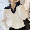 Estilo perezoso solapa color contraste manga larga jersey de punto para mujer otoño e invierno Nuevo versátil versión suelta suéter de punto para mujer moda