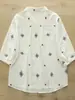Camisa Blanca de Gasa de Algodón Blanca de Doble Capa, Holgada, Bordada Floral Artística y Fresca para Mujer con Mangas Tres Cuartos, Camisa Básica de Moda, Verano 2026