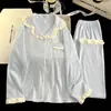 Pijama cálido engrosado con volantes para mujer, temporada de otoño e invierno, cárdigan, color liso, suave y esponjoso, ropa de casa con terciopelo, se puede usar afuera