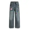 Jeans de Sarja Lavada com Bordado Divertido de Caranguejo Estilo Americano para Homens e Mulheres, Novo Estilo de Rua Versátil Solto de Perna Larga Calça Longa para Casal