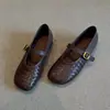 2026 Zapatos Planos Tejidos Hechos a Mano Estilo Retro para Mujer de Cuero Suave Suela Suave Estilo Romano con Una Hebilla Zapatos Mary Jane Franceses