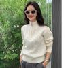 Tricô Cashmere Torção Gola Alta Feminino 2025 Outono e Inverno Novo Top Retrô Meio Zíper Decote V Tricô Tricô Texturizado