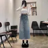 Saia Jeans Retrô Azul em Linha A para Mulheres com Fendas Nova 2025 Comprimento Médio Cintura Alta Solta Look Emagrecedor