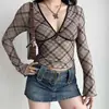 [La versión original incluye una capa interior acolchada] Camiseta a cuadros de cuello en V de alta gama, sexy y elegante para mujer, diseñada para ser estilizada y versátil