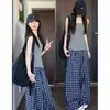 Pantalones de cuadros de pierna ancha de cintura alta para mujer, pantalones finos de verano retro casual holgados para paseos tranquilos