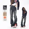 Jeans Americano Retro Estilo Campus Lavado Solto Comprimento Regular Forrado com Lã Engrossado de Inverno Boca Larga Quente para Mulheres