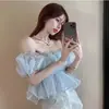 Camisa de un solo hombro de color liso transfronteriza para mujer 2025 Verano Nuevo Ajustada y Dulce Hombros Descubiertos Cuello Cuadrado Manga Abullonada Top de Moda