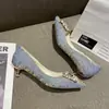 Sapatilha Elegante Feminina Bico Fino Azul Claro para Mulheres 2025 Nova Estilo Garota Francesa Salto Baixo 3cm Salto Alto 5cm