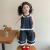 Conjunto de Roupa de Verão para Meninas 2026 Novo Estilo Moda Crianças Top Regata Lantejoula Calça Jeans com Renda Conjunto de Duas Peças de Verão para Bebê Menina
