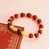 Pulsera de Doble Pixiu Dorado Arenado con Ágata y Calcedonia Imitación para Mujer al por Mayor, Pulsera de Piedra de la Fortuna Estilo Nuevo con Imitación de Jade y Granate