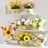Decoración de Flores Artificiales Arreglo de Flores de Girasol Pequeño Macetero Plástico Ramo Decoración de Sala de Estar Mesa de Comedor Decoración de Planta Verde