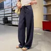 Calça Wide Leg de Linho Tencel Azul Marinho para Mulheres, Verão 2026 Fina Antirrugas Fluida Respirável de Perna Reta Comprimento Total