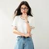 2025 Novo Estilo de Verão Francês Elegante Gola Redonda Design Bordado Vazado Tricô de Manga Curta Tops para Mulheres