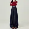 Jeans Vintage Azul Escuro de Perna Larga para Mulheres, Tendência Nova para Primavera e Verão, Cintura Alta, Caimento Solto, Calças Compridas