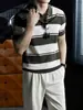 Estilo Casual de Alto QI! Camisa Listrada de Tricô Color-blocking de Manga Curta para Homem, Verão Antibacteriana Confortável Minimalista Sem Botões Gola Seagull