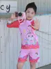 Suprimento transfronteiriço maiô infantil de duas peças com estampa de coelho de desenho animado e arco-íris, manga longa, shorts, proteção solar, para piscina, fonte termal, praia