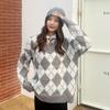 Chamarra Suéter Personalizada para Mujer, Primavera y Otoño, Bloques de Color Geométricos, Cuello en V, Suéter Holgado de Punto, Ropa de Abrigo de Manga Larga