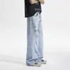 Jeans Rasgado Azul Aço Brilhante Primavera 2026 para Homens Cleanfit Moda Lavada Calças Ligeiramente Flare