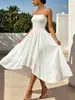Vestido Midi Elegante Slim de Cor Sólida com Alcinhas Finas Estilo Europeu e Americano Novo 231W com Amarração na Cintura Emagrecedor