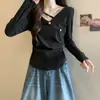 Talla Grande para Mujer Estilo Otoño MM Gordita Favorecedora Camiseta de Manga Larga Irregular con Hombro Recto Top Reductor de Cintura y Adelgazante Capa Base Chic