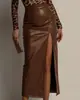 Saia longa elegante estilo europeu e americano, cor sólida, costura em couro PU, cintura alta, justa, fenda no quadril, zíper longo