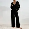 Conjunto de Malha Canelada Escovada de Manga Longa Casual Solto com Decote V, Estilo Novo, Venda Quente na Amazon Europeia e Americana, Outono e Inverno 2025, para Mulheres