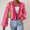 Top curto listrado estilo europeu e americano Amazon, novidade outono/inverno feminino em blocos de cor, cardigã suéter de tricô casual